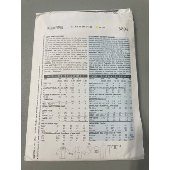 Butterick 3894 Mens Pirate Costume Sewing Pattern Size Large XL Steampunk UNCUT - Picture 4 of 7